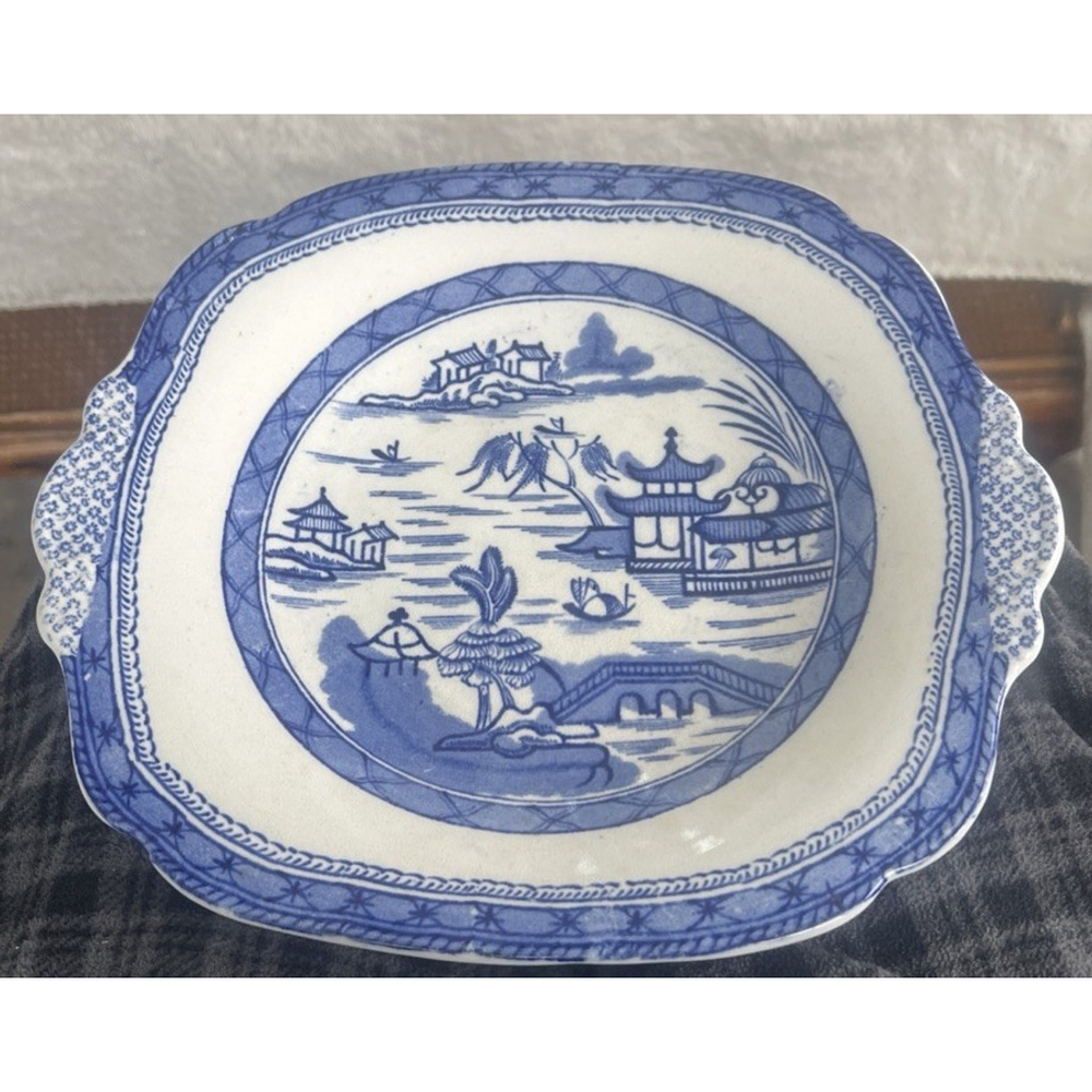 Antique 1820 Ashworth Canton Blue Transferware Handled Dish 10.5” x 9” - Picture 12 of 13